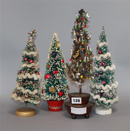 A miniature beaded table christmas tree decorations and three others tallest 36cm